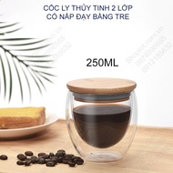 Cốc ly thủy tinh 2 lớp có nắp đạy bằng tre giữ nhiệt tốt loại 250ml-350ml-450ml-650ml tùy chọn dùng 
