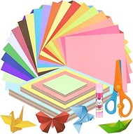 Swpeet 402 Pieces 4 Sizes 4/6/8/10 Inch Origami Paper Kit with Glue Stick and Scissors, Double-Sided