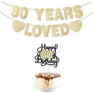 80th Birthday Decorations for Men Women, Gold Glitter 80th Birthday Banner with Cake Topper 80 Years