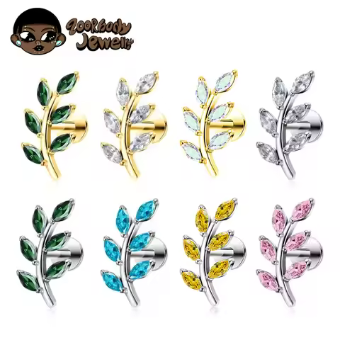 G23 Titanium 16G Marquise CZ Leaves Stud Earring Leaf Shaped Helix Cartilage Conch Flat Back Implant
