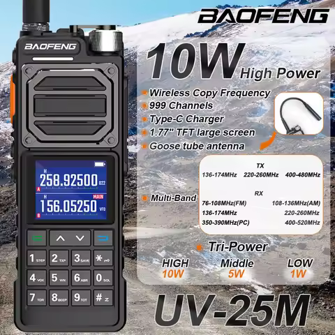 BAOFENG UV-25M Ham Radio High Powerful Tactical Walkie Talkie Full Band 10W Type-C 999CH 2 Way Radio