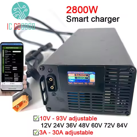 2800W 10V to 92.4V 3A - 30A Adjustable Lithium Battery Charger 24V 48V 60V 72V 84V 12V Li-ion Lifepo