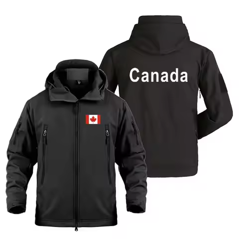 New Canada Print Sharkskin Soft Shell Hooded Jacket Windproof Camping Hiking Hunting Jacket Stretch 