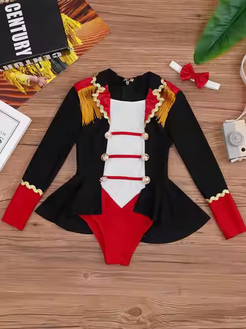Childrens Showman Bodysuit Tassel Leotard Circus Ringmaster Cosplay Costumes Kids Girls Carnival Par
