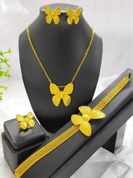 4pcs/Set Gold Plated Butterfly Pendant Necklace, Earrings, Bracelet, Ring Jewelry Set, Elegant For W