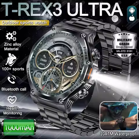 2026 New Military T-Rex 3 Ultra Smart Watch 800mAh Battery IP68 Waterproof Flashlight Heart Rate Spo