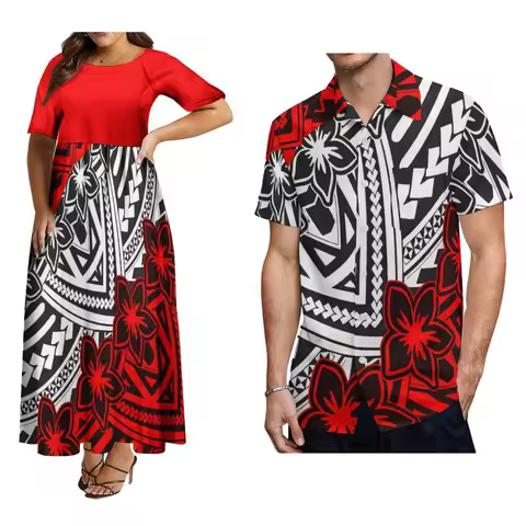 Samoan Couple Suit Polynesian Island-Style Stylish Women'S Short-Sleeved Dress Matched With Men'S Al