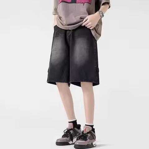 Summer Men's Zipper Design Cargo Denim Shorts Y2K Streetwear Straight-leg Baggy Jorts Hip Hop Fashio