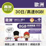中國聯通 - 【歐洲】30日 8GB 4G 無限上網卡 上網咭 sim咭