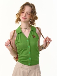 ziziFei夏季無袖上衣短款外穿櫻桃刺繡修身polo領開衫針織背心女