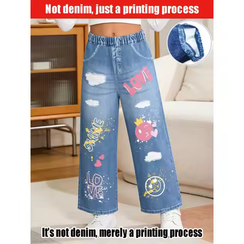 2026Children's Sweet Cute Heart Smiley Light Blue Faux Jeans