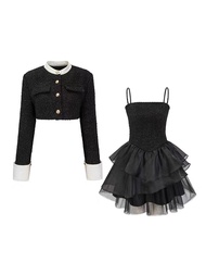 Court Style Suit Dress Two-Piece Set ABG Spicy Girl Little Fragrance Wind Patchwork Mixed Hair Puffy