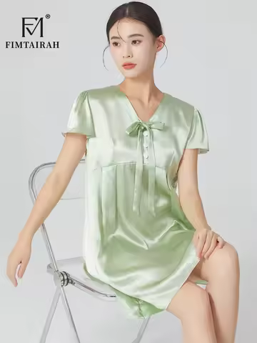 FIMTAIRAH Pure color 100% mulberry silk short sleeve loose nightdress women's summer thin silk V-nec