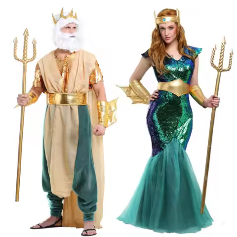 New Halloween Arrival Men Poseidon Triton King Sea God Cosplay Outfits Women Deep Sea Mermaid Sea Si