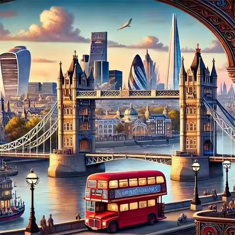 DIY London Tower Bridge Red Double Decker Bus Thames City Skyline Landscape Diamond Painting, Living
