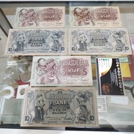 Uang Kuno Seri Wayang 5 dan 10 Gulden Set Tanda Tangan VF Original