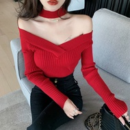 Gegejia Spring Internet Famous Sexy Pure Desire Style V-neck Push-up Hollow-out Halter Turtleneck Two-Sided Sweater Top