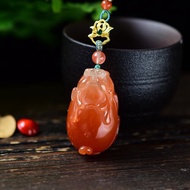 極品天然紅兔毛紅水晶貔貅吊墜 雕工精美 配手工編織吊繩