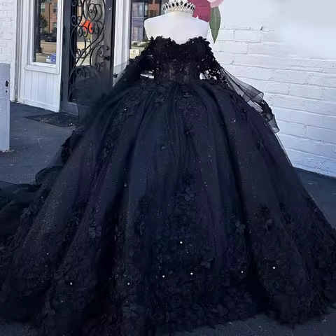 Angelsbridep Customized Black Ball Gown 15 Year Old Quinceanera Dresses Glitter Tulle 3D Appliques S