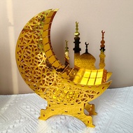 Creative 3D Moon Shaped Ornaments Golden Castle Standing Boards Hollow Ramadan Ornaments