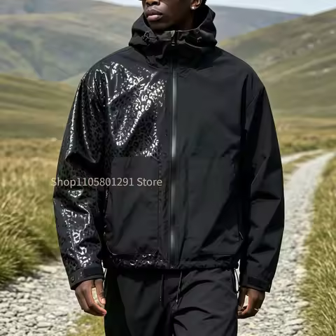2026 New Male Water‑Reactive Color‑Changing Hooded Jacket Leopard Splicing Windbreaker Windproof Out