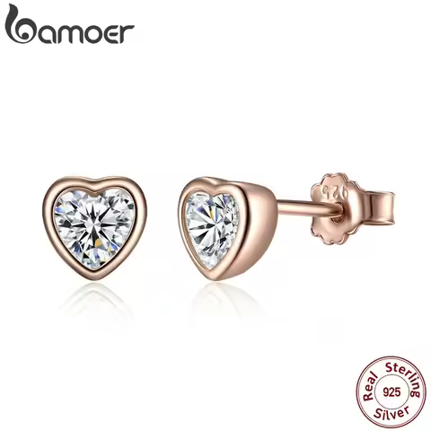 BAMOER 925 Sterling Silver One Love Stud Earrings with Clear CZ Female Brincos for Woman Fine Jewelr