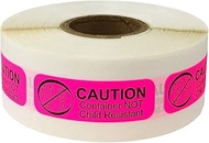 Fluorescent Pink with Black Caution Container Not Child Resistant Stickers, 0.5 x 1.5 Inches in Size