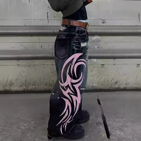 Baggy Pants for Women Jeans High Waisted Jeans Printed Washed American Retro Wide-Leg Denim Pants