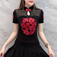 Chinese style button cheongsam top 2023 autumn new fashion design sense red bottom shirt long-sleeved mesh T-shirt female
