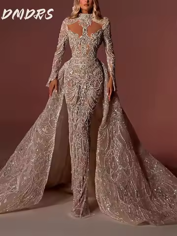 Luxurious Mermaid Evening Gown Classic 3D Flower Party Dress Glamorous Long Sleeve Floor Length Gown