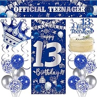 13th Birthday Decorations Banner Boys - 22 Pcs Blue Glitter Official Teenager Crown Foil Balloons Fa