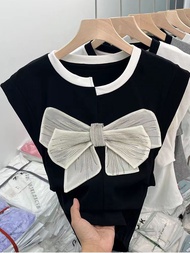 Áo Thun Áo Vét thắt nơ cotton nguyên chất Áo khí chất mảnh mai bất quy tắc 2023 Cổ Tròn Nữ