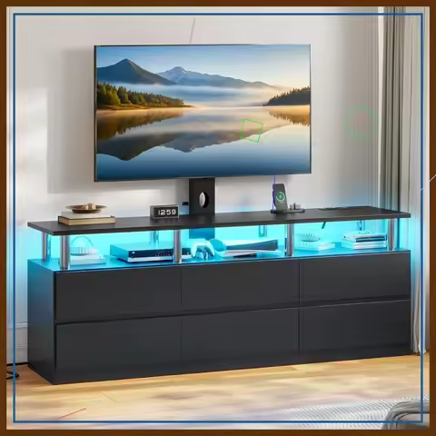 Modern TV Stand with Mount, 6 Drawers & LED Lights for 32-70 inch TVs, Built-in Power Outlet Enterta