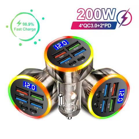 200W Car Charger QC3.0 Type-C Quick Charge Transparent Case PD for IPhone 15 14 13 12 Xiaomi Poco Sa