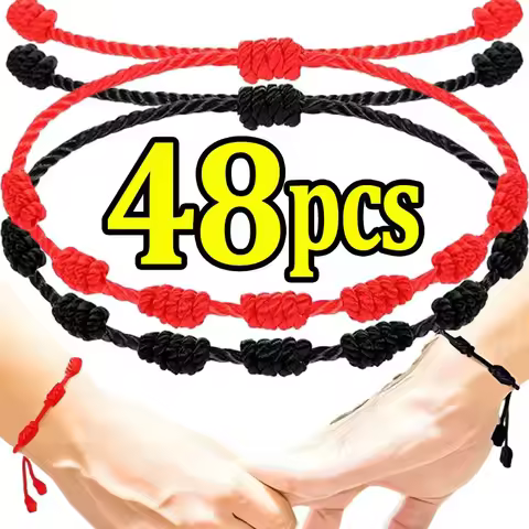 2/48pcs 7 Knot Red Black String Bracelet for Couple Rope Braided Bracelets Protection Good Luck Amul