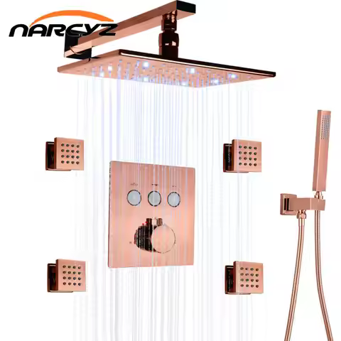 Concealed Shower Rose gold into the wall shower head LED Bathroom Thermostat concealed Shower head s