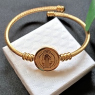 Saint Benedict Stainless Steel Two Tone Gold Silver Bangle Bracelet for Men Women Adult Adjustable