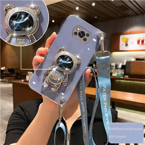 Crossbody Lanyard Quicksand Space Bear Plating Case For Xiaomi Mi Poco X3 Nfc Pro C40 X4 X5 M4 Pro 4