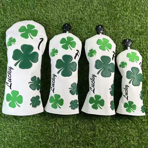 New Lucky Clover Golf Headcovers, Driver & Fairway Wood Covers with 4-Leaf Clover Pattern, Club Prot