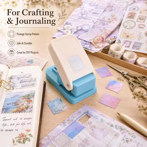 Postage Stamp Embossing Punch, Safe Lock Lever Action Square Paper Hole Puncher for Scrapbook DIY Cr