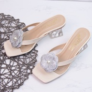 Dép nữ cao gót vuông trong xoắn 6p quai mảnh kẹp ngón đính hoa hạt châu - G79 Guốc nữ cao gót