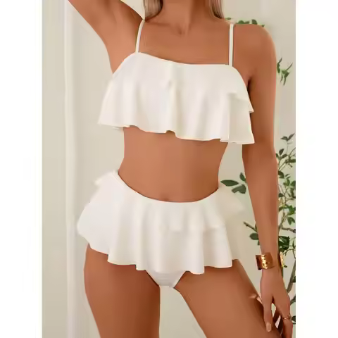 Cikini Basics Summer Beach Textured Bikini Set Ruffle Layered Cami Top & Ruffle Skirt 2 Pieces Bikin
