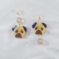 森林童話 憨憨八哥犬 寵物狗狗耳釘 耳環 手繪木製