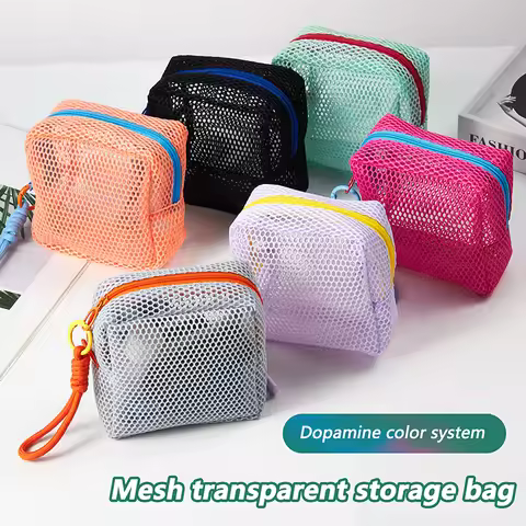 Portable Mesh Cosmetic Bag Dopamine Color Storage Makeup Case Women Mesh Toiletry Storage Pouch Orga
