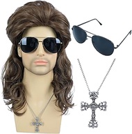 80s Brown Mullet Wigs for Men with Glasses and Cross Necklace - Retro 80s Fashion Heavy Metal Rock-R