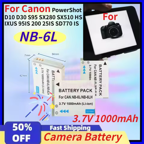 New NB-6L NB6L 3.7V 1000mAh Camera Battery for Canon PowerShot D10 D30 S95 SX280 SX510 HS IXUS 95IS 