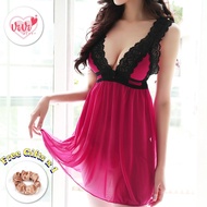 (40kg -60kg) Vivi Sexy Lingerie Mesh Deep V Sweet Nightwear Dress Baju Tidur Seksi Wanita 深V微透性感睡裙