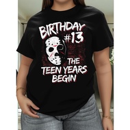 Plus Size, Women's 13th Birthday T-Shirt - Friday the 13th Inspired Hockey Mask Logo & Number 13 Des