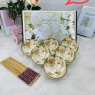 BỘ BÁT CHÉN SỨ ĐŨA HỌA TIẾT HOA VĂN SIÊU XINH GỒM 6 BÁT TẶNG KÈM 6 ĐÔI ĐŨA GỖ - BỘ CHÉN GỐM SỨ TRÁNG