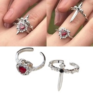 amore Gothic Heart Swords Rings Set Of 2 Punk Alloy Adjustable Unisex Designs